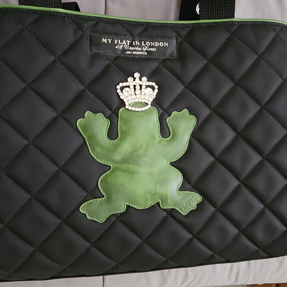 My Flat In London MFIL Rhinestone Green Frog Black Quilted Nylon Diaper Bag